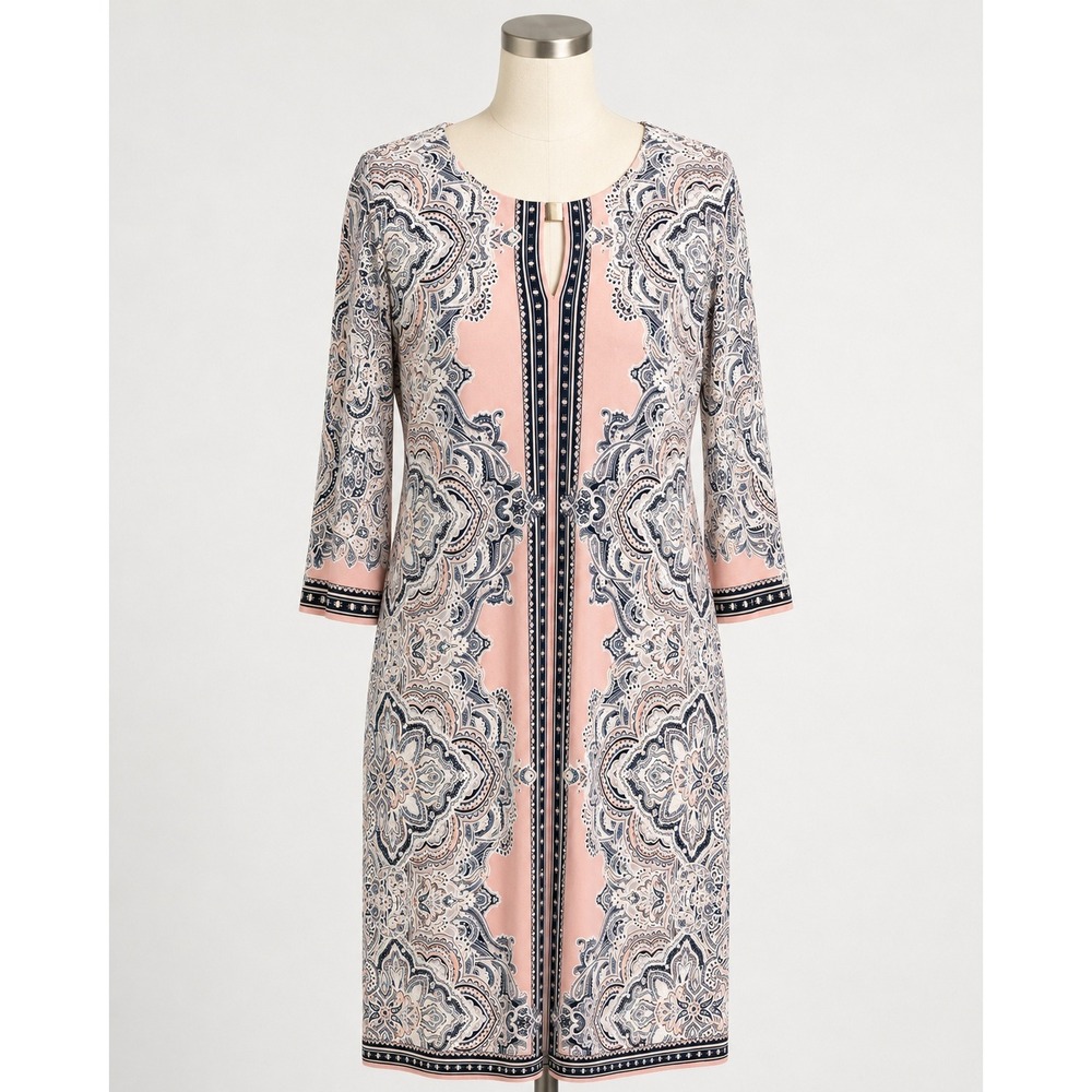 Studio One New York Pink Navy Paisley Keyhole Shift Dress XL 3/4 Sleev Medallion
